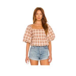 FAITHFULL THE BRAND x REVOLVE 'Quincy' Lori Check Print Puff Sleeve Top size 4